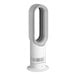 A black and silver Dyson Hot+Cool fan and heater on a stand in a white room.