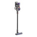 A Dyson V8 cordless stick vacuum cleaner with purple accents.