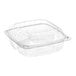 A Choice clear hinged plastic container with 3 compartments and a lid.