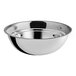 A set of three extra-large stainless steel mixing bowls.