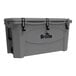 A grey Grizzly Cooler with black handles and wheels.