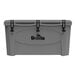 A gray Grizzly Cooler outdoor merchandiser with black handles and the lid open.