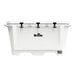A white cooler with black handles.