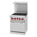 An American Range commercial liquid propane 4-burner range with green flames and red knobs.
