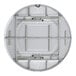 A round, white plastic bi-folding table with a perforated surface and gray support legs.
