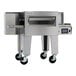 An electric conveyor oven with a stainless steel exterior, wide belt, and caster wheels, designed for commercial use.