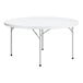 A 60-inch round heavy-duty granite white plastic folding table with gray metal legs.