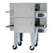 A double stacked stainless steel Lincoln Aperion conveyor oven with two wide belts and caster wheels.