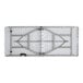 A rectangular granite white plastic bi-folding table with gray metal legs.