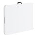 A rectangular granite white plastic bi-folding table with gray legs and a black carrying handle.