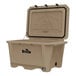A tan Grizzly cooler with the lid open.