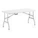 A rectangular granite white plastic bi-folding table with gray metal legs and a carrying handle.
