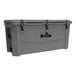 A gray Grizzly cooler with black handles.