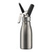 A close up of a silver stainless steel Kayser whipped cream dispenser with a metal nozzle.