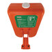 An orange plastic Hughes OptiWash eye wash station with a white cap and green label.