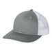 A heather gray and white Port Authority trucker cap with a ponytail opening.