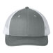 A heather gray and white Port Authority trucker cap with a ponytail opening.