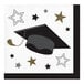 A white Creative Converting beverage napkin with a black graduation cap and stars.