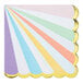 A pastel paper napkin with a gold scalloped edge and fan-shaped design in white, purple, and gold.