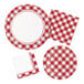 A white paper beverage napkin with a red and white checkered gingham design.