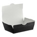 A black and white folded paper take-out box with a white cover.