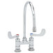 A T&S chrome deck mount faucet with two gooseneck spouts and wrist action handles.