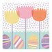 A Creative Converting paper napkin with purple and pink flowers and colorful Easter eggs with stripes and dots.