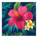 A white square paper napkin with a pink hibiscus flower, yellow flowers, and green leaves.