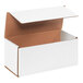 A white corrugated mailer box with a lid open.