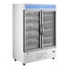 A commercial white swing glass door merchandiser refrigerator with two doors and multiple shelves.