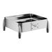 A stainless steel square chafer stand with a fuel holder and four rounded legs.