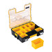 A black and yellow plastic tool box with two compartments.