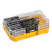 A plastic DeWalt tool box with a clear plastic lid.