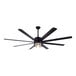 A black 72" EZRA ceiling fan with 8 blades and a light on an outdoor patio.