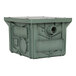 A close up of a green plastic container with holes.