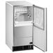 A white and silver Hoshizaki undercounter ice machine with a door open.