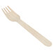 A close-up of an Eco-gecko heavy weight disposable wooden fork.
