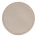 A round taupe melamine plate with a raised rim.
