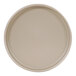 A round taupe melamine plate with a raised rim.