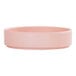 A round, blush-colored melamine plate with a raised rim.