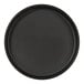 A round black melamine plate with a raised rim.