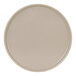 A round taupe melamine plate with a low rim.
