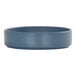 A round, stone blue melamine plate with a raised rim.