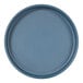 A round, stone blue melamine plate with a raised rim.