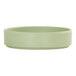 A light green, round melamine plate with a raised rim.
