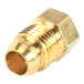A gold brass threaded sleeve with a hole.