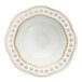 A white round stoneware dipping bowl with a scalloped edge and embossed pearl design.