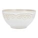 A white Mannette stoneware cereal bowl with an embossed floral design.