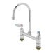 A chrome T&S deck-mounted faucet with lever handles.