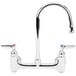 A silver T&S wall mount faucet with two handles and a gooseneck spout.